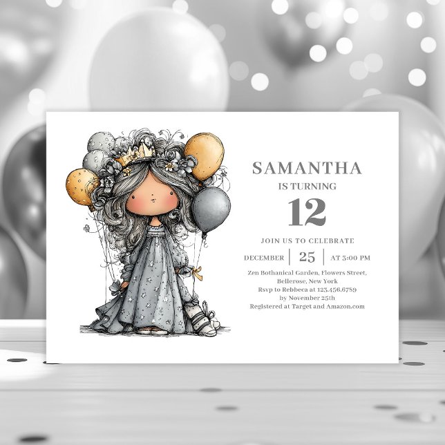 Chic Whimsical Flicka 8-årsdag Svart Guld Fest Inbjudningar (Whimsical Girl 8th Birthday Black Gold Party invitation)