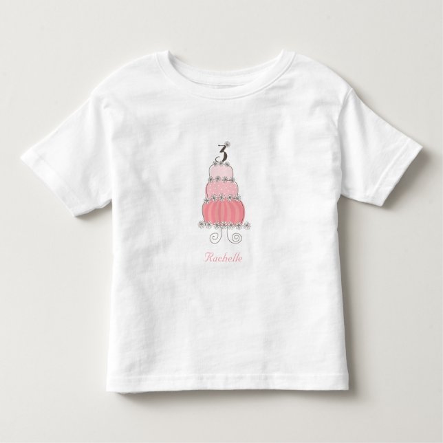 Chic Whimsical Rosa Cake Girl's 3rd Birthday Party T-shirt (Framsida)