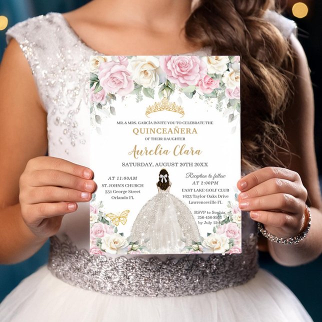 Chic White Baby Rosa ros Blommigt Girl Quinceañera Inbjudningar (Skapare uppladdad)