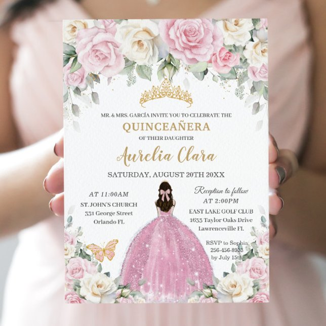 Chic White Baby Rosa ros Blommigt Guld Quinceañera Inbjudningar (Skapare uppladdad)