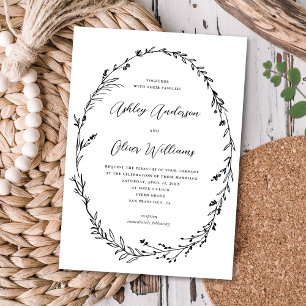 Chic White Black Rustic Wildblomen Wandeans Bröllo Inbjudningar