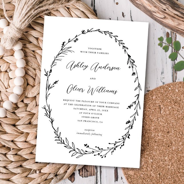 Chic White Black Rustic Wildblomen Wandeans Bröllo Inbjudningar (Skapare uppladdad)