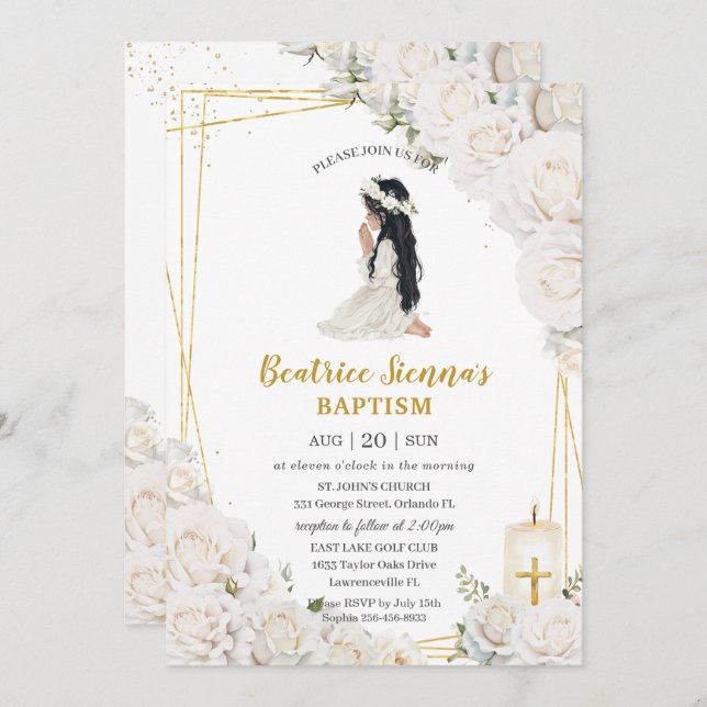 Chic White Blommigt Baptism Christening Praying Gi Inbjudningar (Fram/baksida)