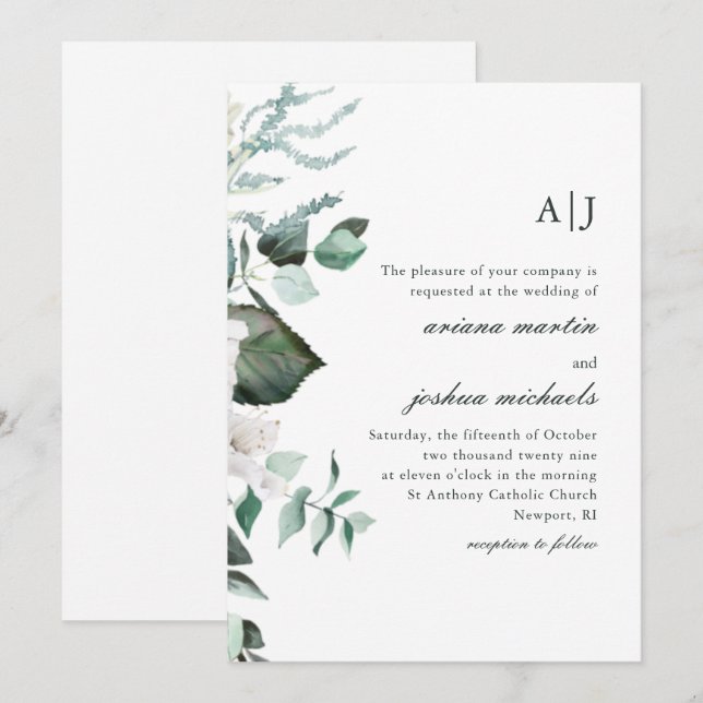 Chic White Blommigt och Greenery Monogram Bröllop Inbjudningar (Fram/baksida)