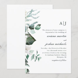 Chic White Blommigt och Greenery Monogram Bröllop Inbjudningar