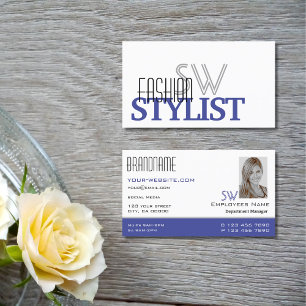 Chic White Blue Black Simple Monogram och Photo Visitkort