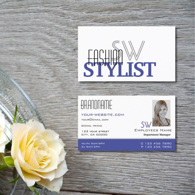 Chic White Blue Black Simple Monogram och Photo Visitkort (Skapare uppladdad)