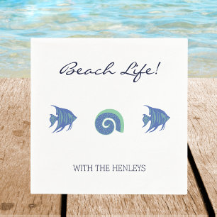 Chic White Blue Fish and Snäckas Family Beach Hous Pappersservett
