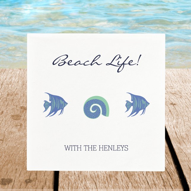 Chic White Blue Fish and Snäckas Family Beach Hous Pappersservett (Skapare uppladdad)