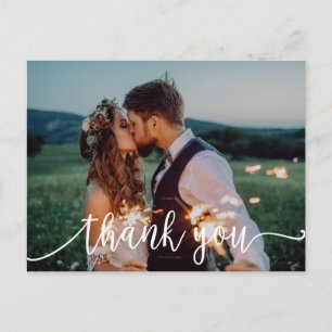 Chic White Calligraphy Photo Bröllop Tack Vykort