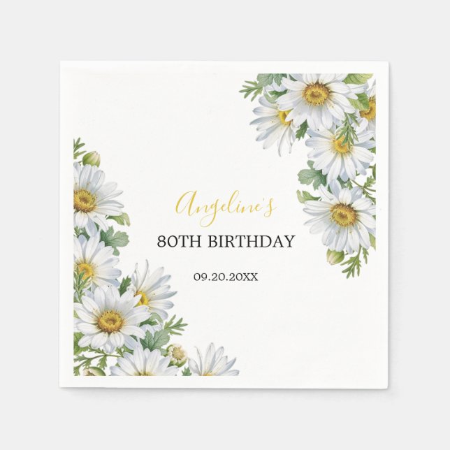 Chic White Daisy Blommigt Greenery Birthday Pappersservett (Framsidan)