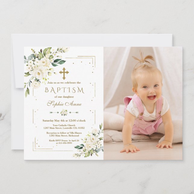 Chic White Flowers Guld Girl Photo Baptism Inbjudningar (Framsida)