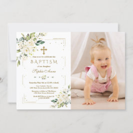 Chic White Flowers Guld Girl Photo Baptism Inbjudningar