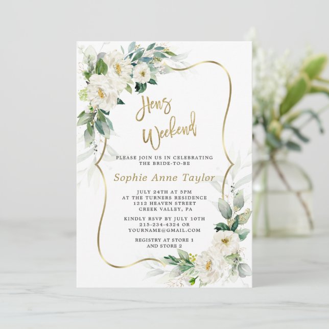 Chic White Flowers Guld Hens Bachelorette Helg Inbjudningar (Stående Fram)