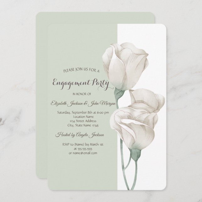 Chic White Flowers Ro Förlovning Inbjudningar (Fram/baksida)