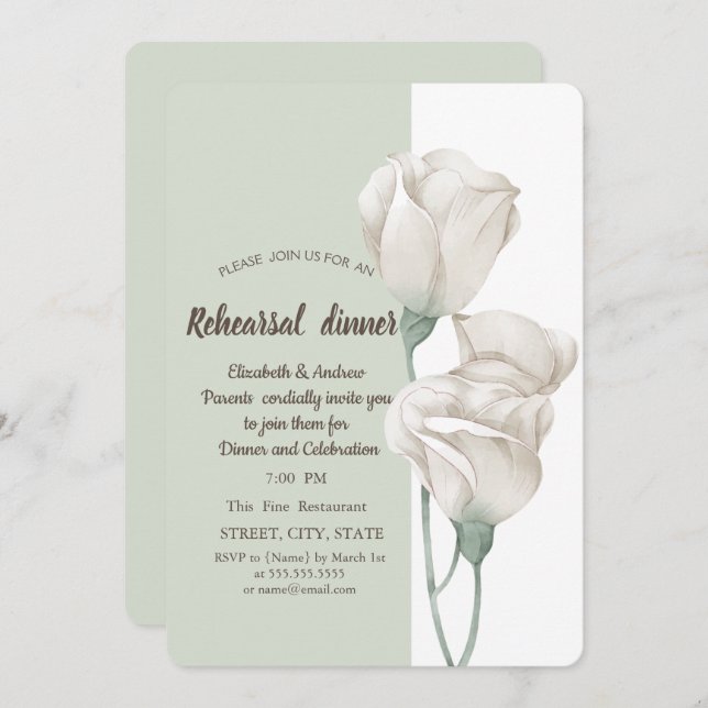 Chic White Flowers Ro Rehearsal Middag Inbjudningar (Fram/baksida)