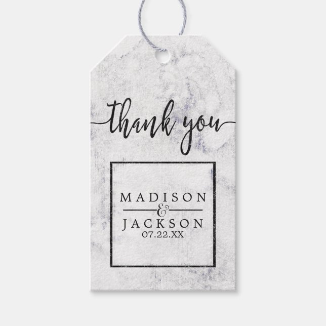 Chic White & Grått Marble Bröllop Tack Presentetikett (Framsidan)
