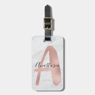 Chic White & Grått Marble Ro Guld A Monogram Namn Bagagebricka