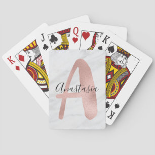 Chic White & Grått Marble Ro Guld A Monogram Namn Casinokort