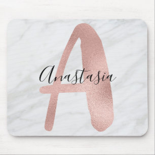 Chic White & Grått Marble Ro Guld A Monogram Namn Musmatta