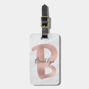 Chic White & Grått Marble Ro Guld B Monogram Namn Bagagebricka
