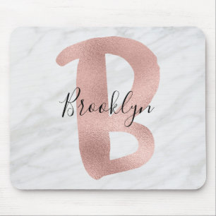 Chic White & Grått Marble Ro Guld B Monogram Namn Musmatta