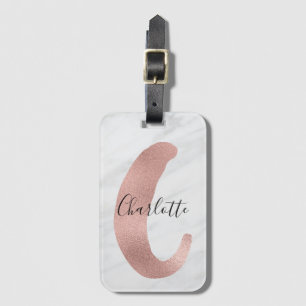Chic White & Grått Marble Ro Guld C Monogram Namn Bagagebricka