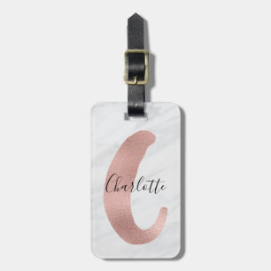 Chic White & Grått Marble Ro Guld C Monogram Namn Bagagebricka
