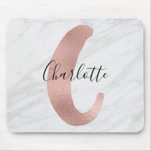 Chic White & Grått Marble Ro Guld C Monogram Namn Musmatta