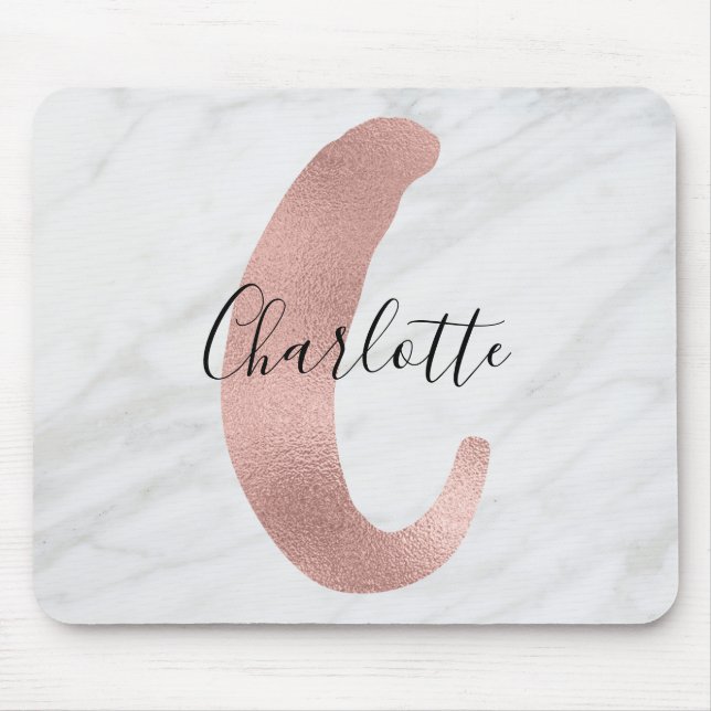 Chic White & Grått Marble Ro Guld C Monogram Namn Musmatta (Framsidan)