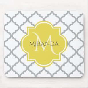 Chic White Grått Quatrefoil Gult Monogrammed Namn Musmatta