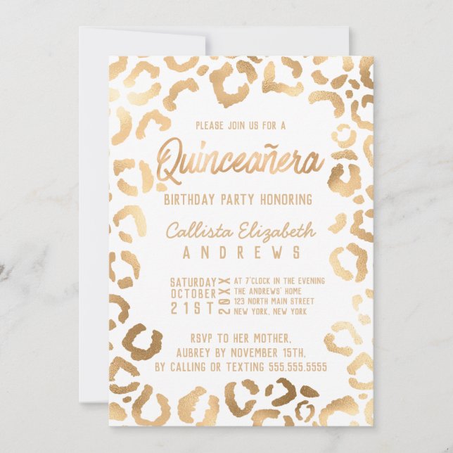 Chic White Guld Cheetah Leopard Quinceañera Inbjudningar (Framsida)