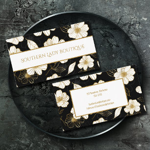 Chic White Guld Flowers on Black Visitkort