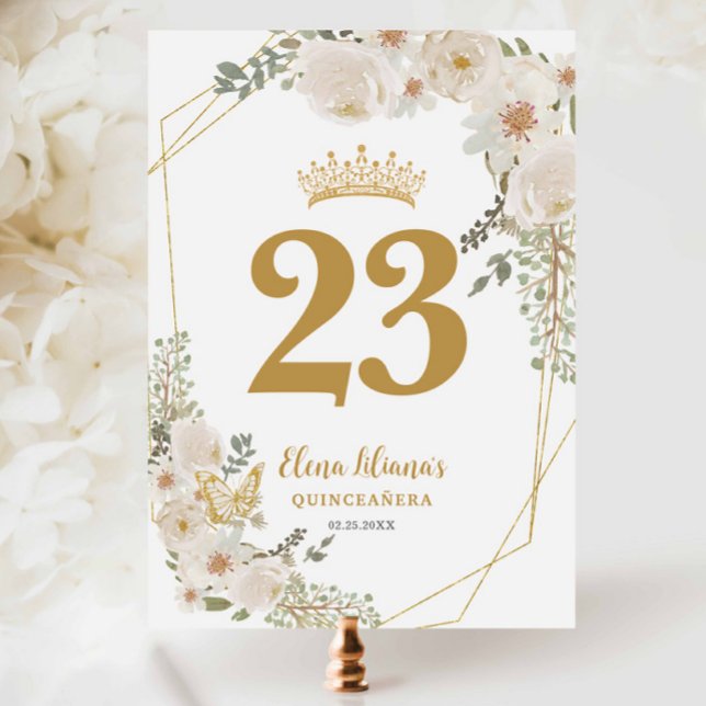 Chic White Ivory Floral Quinceanera Table Number Inbjudningar (Skapare uppladdad)