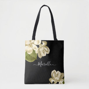 Chic White Magnolias on Black Snyggt Tygkasse