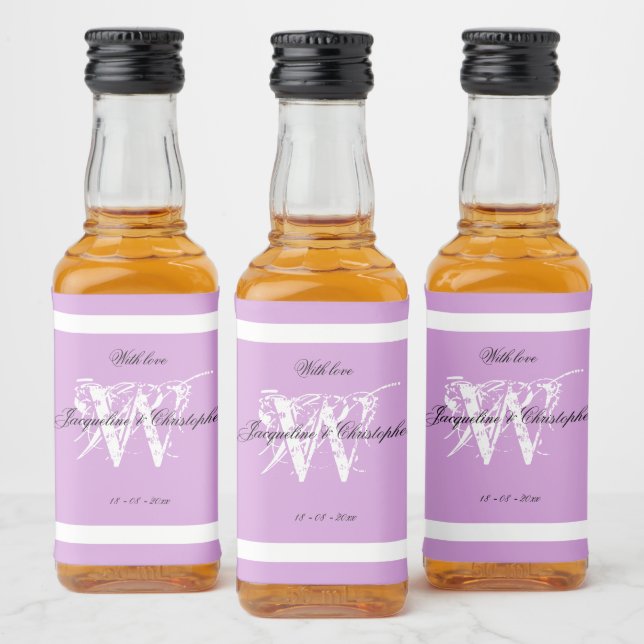 Chic White Monogram Svart Namn Mauve Mini Liquor Spritflaskor Etikett (Flaskor)