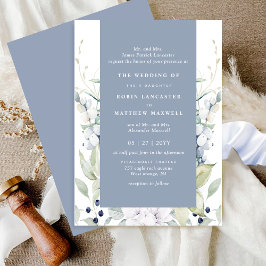 Chic White och Dusty Blue Blommigt Bröllop Inbjudningar