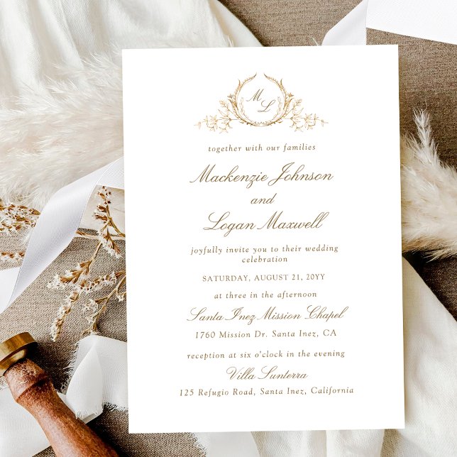 Chic White och Guld Monogram, Calligraphy Bröllop Inbjudningar (Skapare uppladdad)