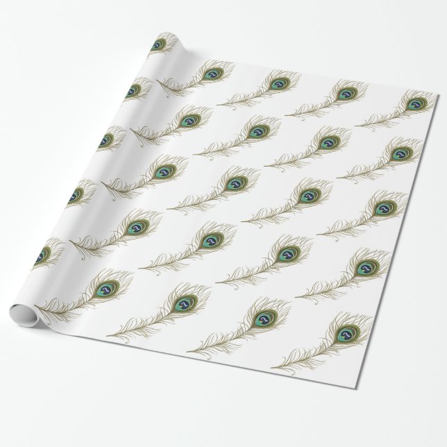 Chic White Peacock Feather Presentpapper (Utrullad)