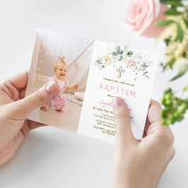 Chic White Rosa Blommigt Guld Flickfoto-baptism Inbjudningar