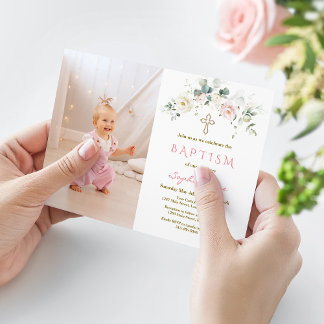 Chic White Rosa Blommigt Guld Flickfoto-baptism Inbjudningar