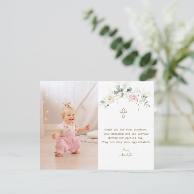 Chic White Rosa Blommigt Guld Flickfoto-baptism Tack Kort (Stående Fram)