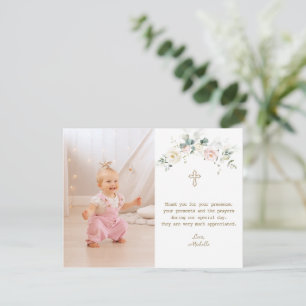 Chic White Rosa Blommigt Guld Flickfoto-baptism Tack Kort