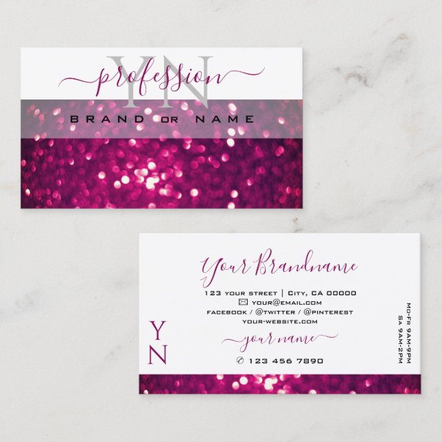 Chic White Rosa Lila Sparkling Glitter Monogram Visitkort (Fram/baksida)
