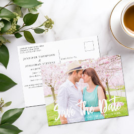 Chic White Script Förlovning Photo Save Date Vykort