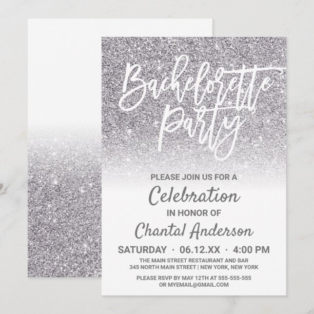 Chic White Silver Faux Glitter Ombre Bachelorette Inbjudningar (Fram/baksida)