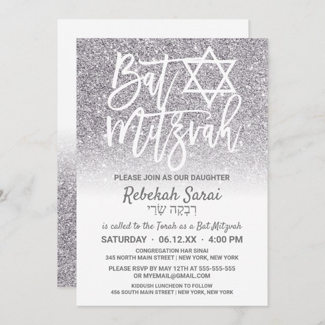 Chic White Silver Faux Glitter Ombre Bat mitzvah Inbjudningar (Fram/baksida)