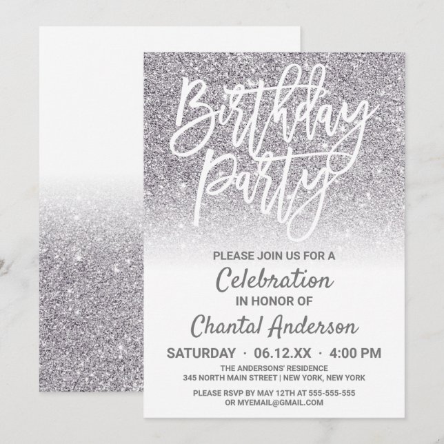 Chic White Silver Faux Glitter Ombre Birthday Inbjudningar (Fram/baksida)