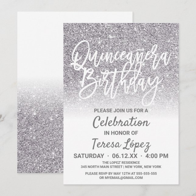 Chic White Silver Faux Glitter Ombre Quinceañera Inbjudningar (Fram/baksida)