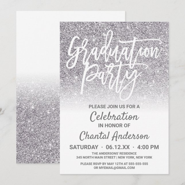 Chic White Silver Faux Glitter Ombre Studenten Inbjudningar (Fram/baksida)
